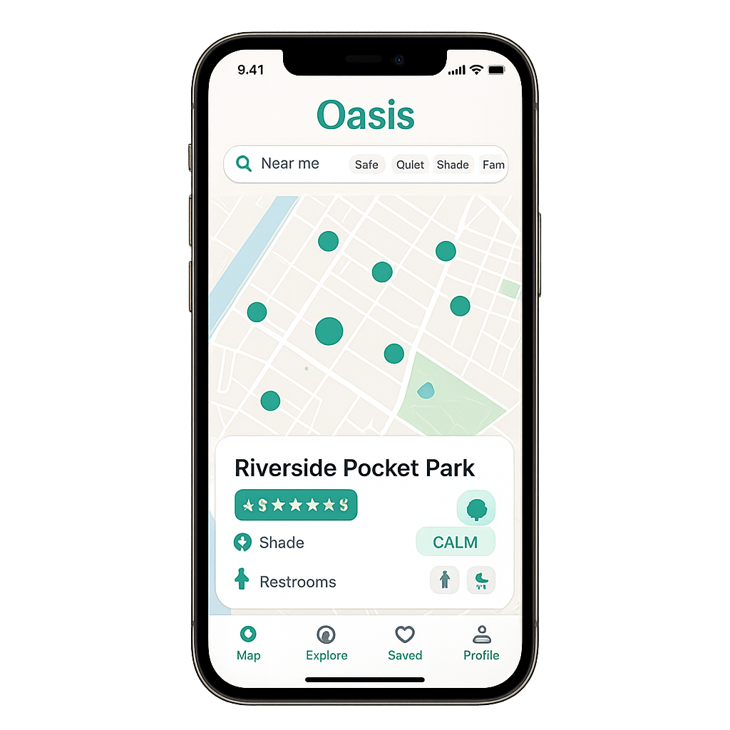 Oasis app showing safe, calm-rated green spaces on a neighborhood map
