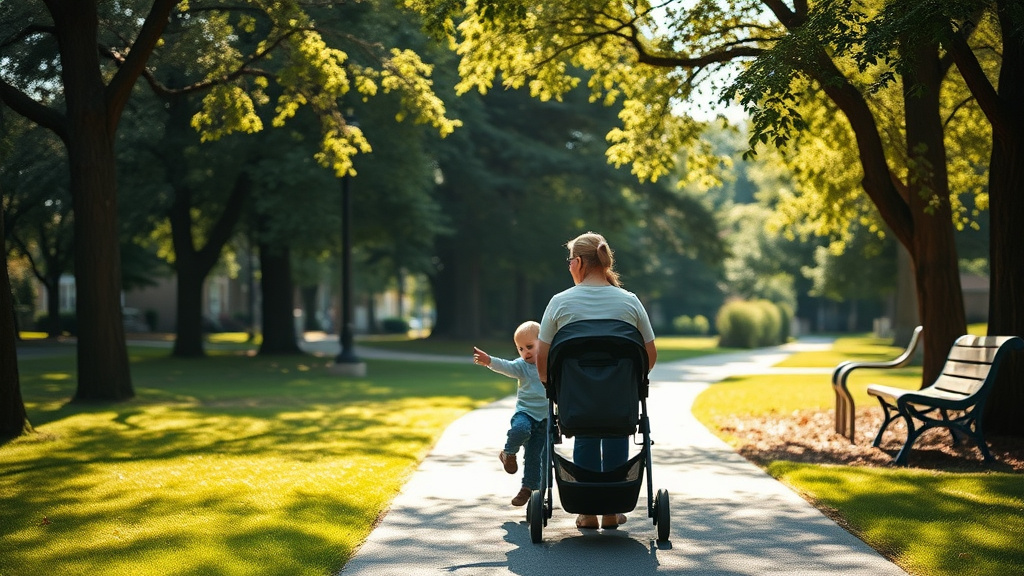 A mother and child on a shaded park path